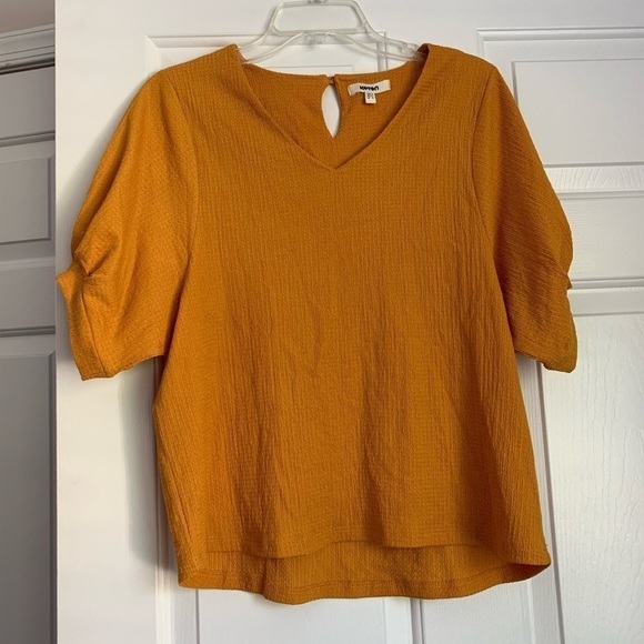 NWOT Koton Lightweight Textured Mustard Yellow / Gold V-Neck Blouse Top EUR M - Picture 1 of 5